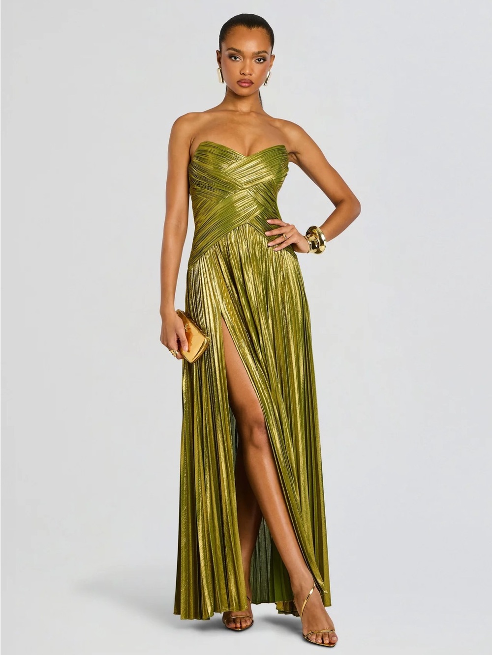 Strapless Metallic Olive Green Evening Gown with High Slit
